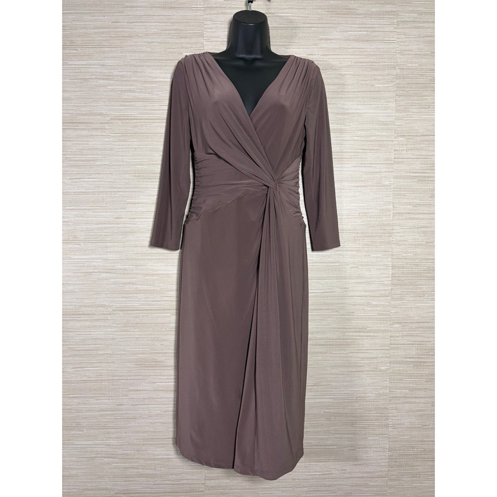 Lauren Ralph Lauren Cocktail Midi Dress Women 4 Brown Ruched V-Neck Long Sleeve